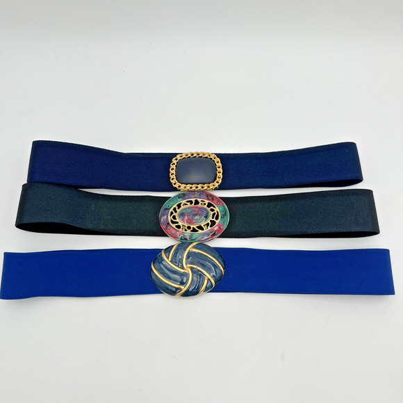 Set Of 3 Vintage 80s Lacquered Gold Tone Buckle Elastic Stretch Belts main image 8